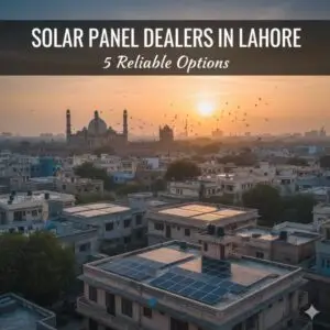 Sunset aerial view of Lahore rooftops with installed solar panels and Badshahi Mosque in the background, representing Solar Panel Dealers in Lahore and solutions from Beyond Green Solar.
