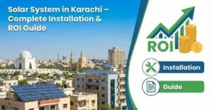 Rooftop view of a residential solar system in Karachi with the city skyline in the background, illustrating the complete installation and ROI guide by Beyond Green Solar.