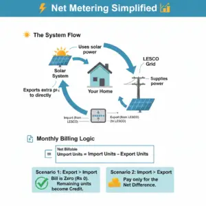 Beyond Green solar Net metering in Lahore showing the LESCO approval steps for residential and commercial solar systems.